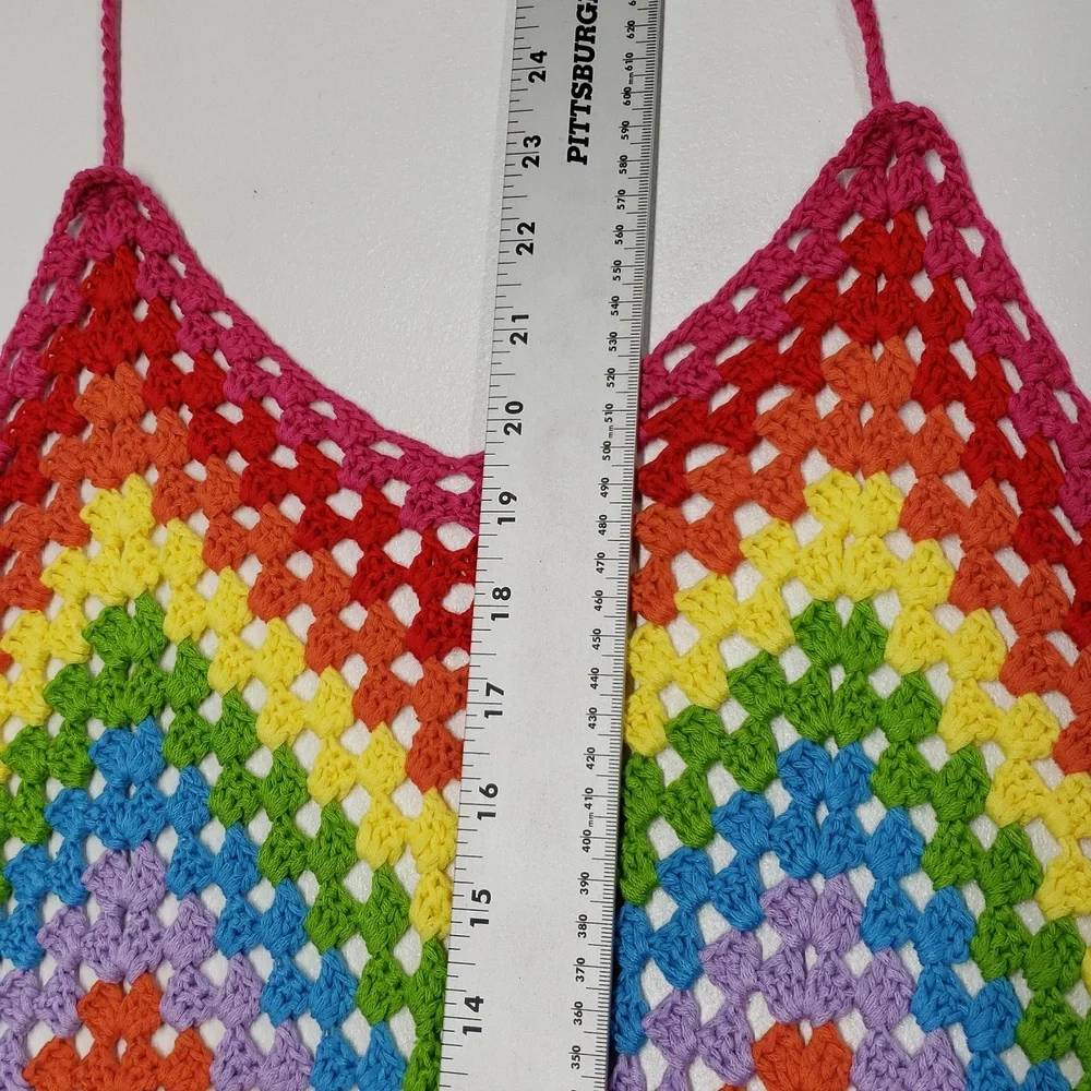 Color Block Open Knit Tassel Tie Backless Knot Waist Cami Romper Women's Size 6 - Picture 12 of 13